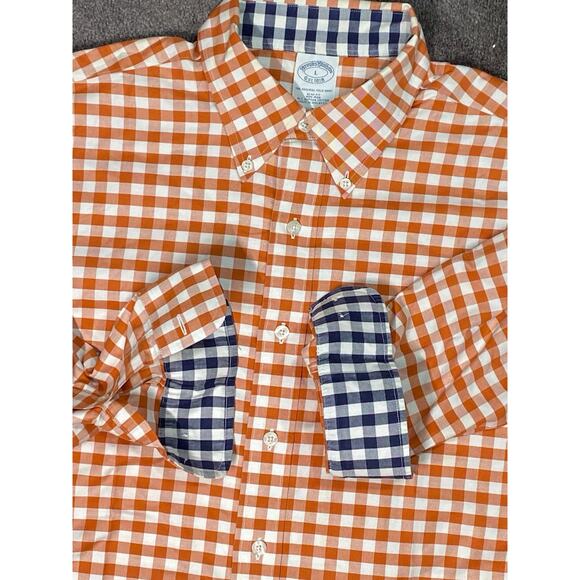 Brooks Brothers Mens L Orange Gingham Button Down Non Iron Supima Cotton Shirt - Picture 7 of 13